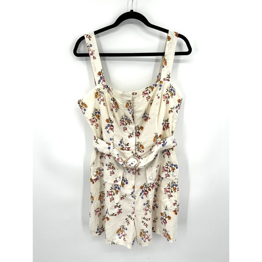 HOUSE OF HARLOW 1960 Beige Pink Floral Linen Button Up Belted Romper Size 12